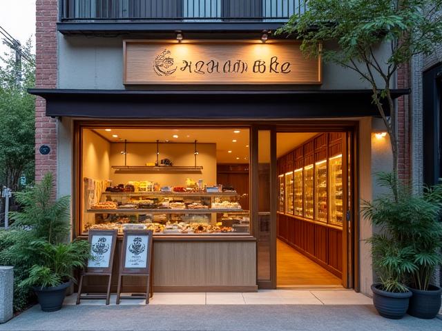 Sazanami Bakeの店舗外観、温かい光とモダンな日本家屋の融合