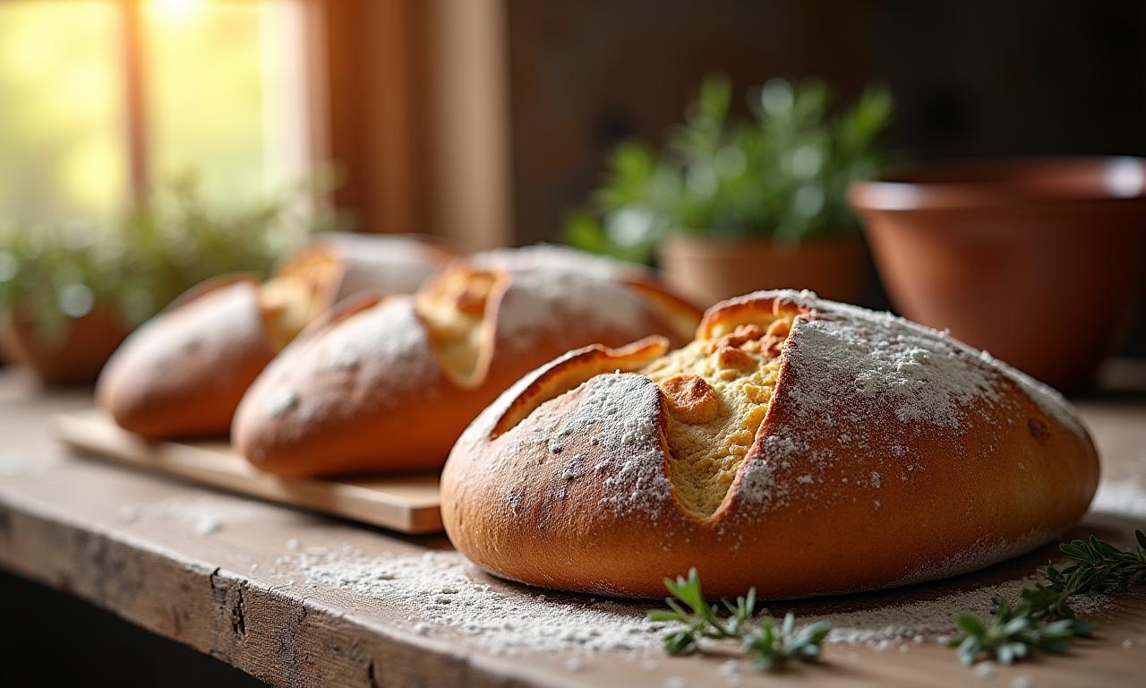 温かい光の中で焼きたての天然酵母パンとペストリー