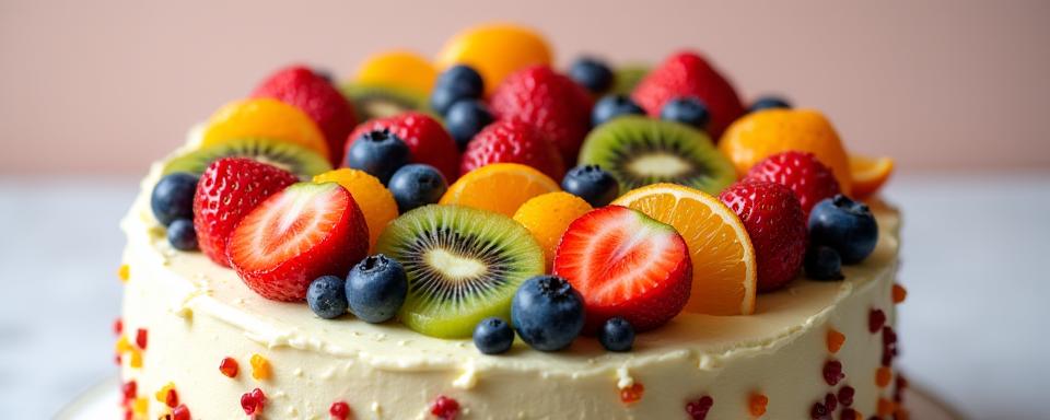 季節のフルーツがたっぷり飾られたカラフルなバースデーケーキ