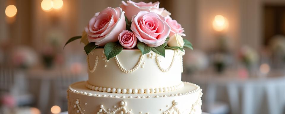 ピンクと白のバラが飾られたエレガントなウェディングケーキ